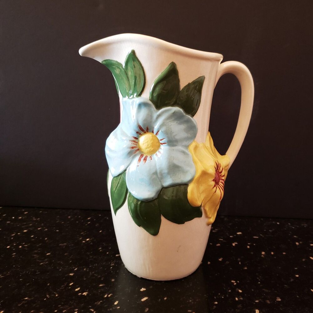 Holland Mold Ceramic Pitcher Pink Blue Yellow Flowers Vintage Cottagecore Easter
